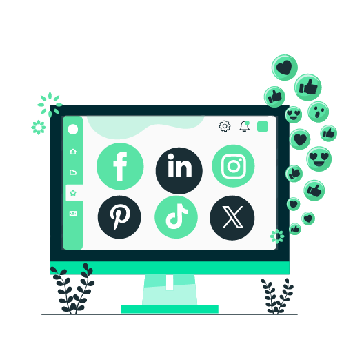 Illustration de gestion de réseaux sociaux avec écran d'ordinateur et logos des réseaux